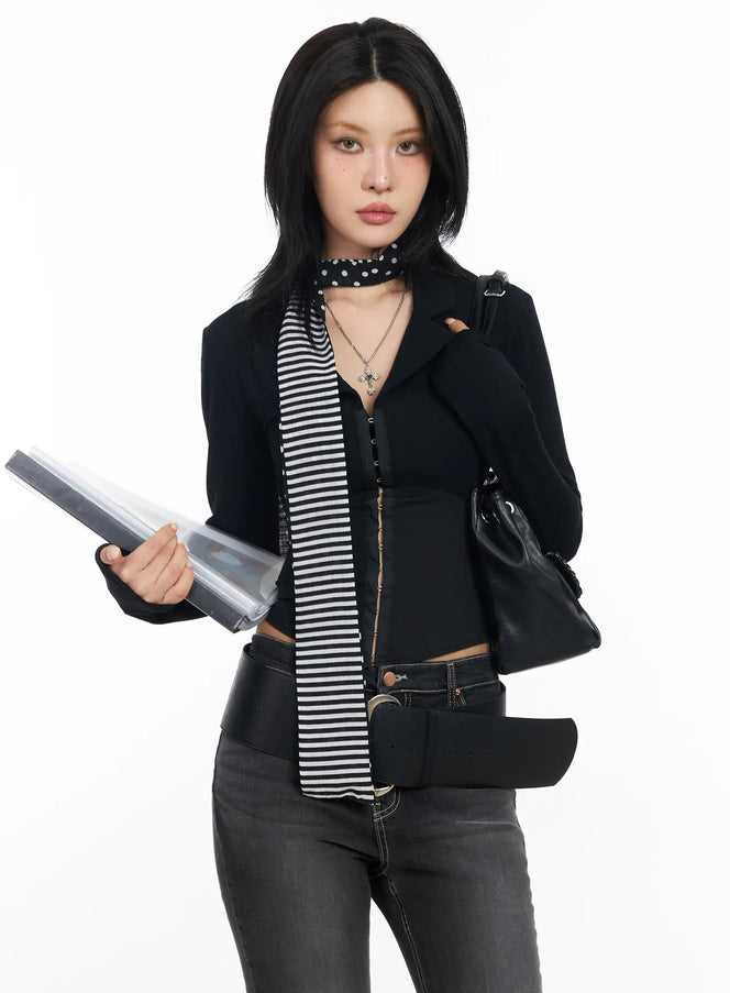 collared-corset-button-long-sleeve-top-cd1202 / Black