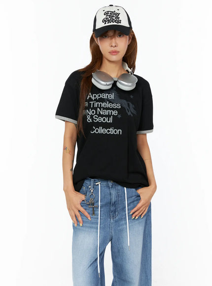 graphic-lettering-oversized-ringer-t-shirt-cu518 / Black