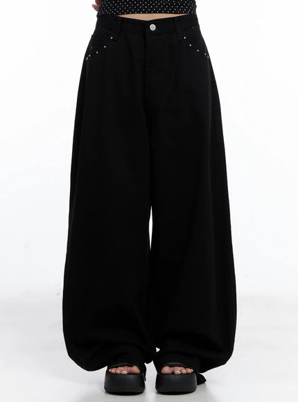 tzuyu-studded-wide-leg-cotton-pants-cl511 / Black