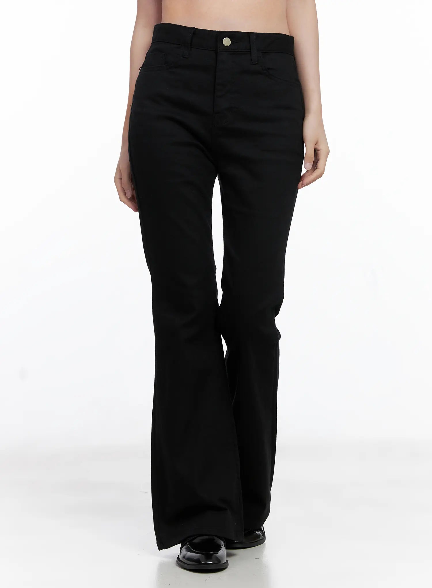 LEWKIN Casual Flare Cotton Pants CG521 in black, front view on model, high-waist bootcut silhouette with flare hem, cotton-spandex blend, paired with black loafers.