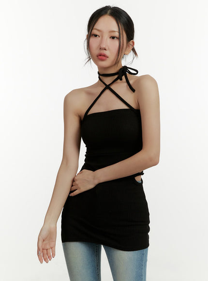 halter-side-cut-mini-dress-cy409 / Black