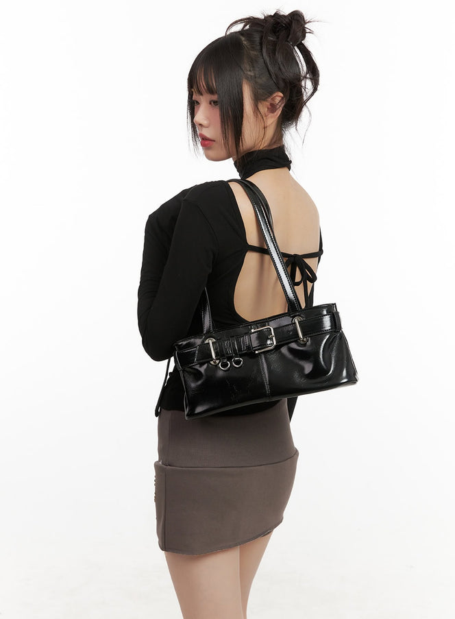 leather-buckle-belt-shoulder-bag-cj502 / Black