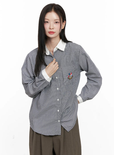 embroidered-stripe-shirt-cn504 / Black