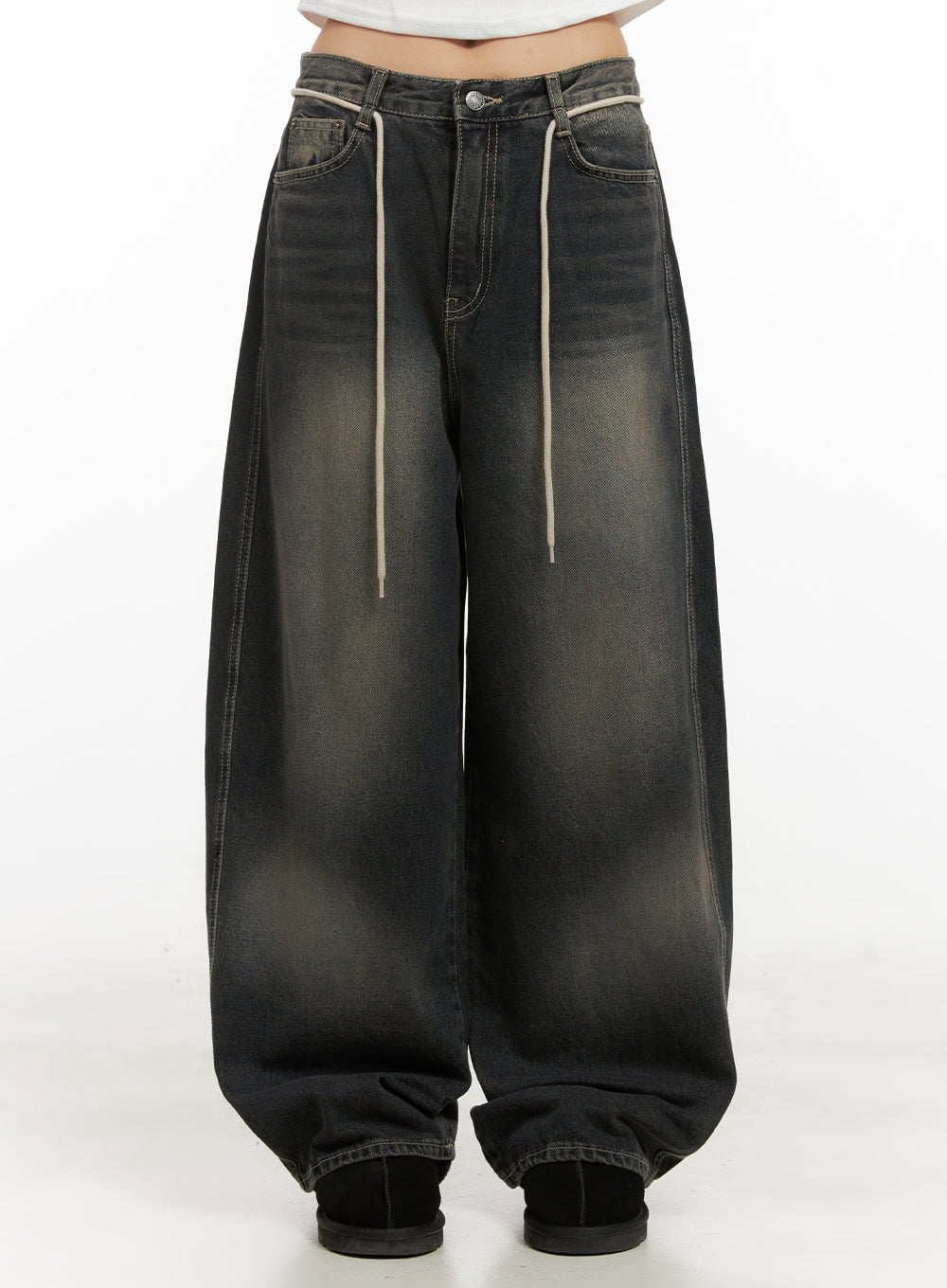 LEWKIN Matilda Washed Denim String Baggy Jeans CD410 in black, front product shot from waist down, wide-fit washed cotton denim with cream drawstrings hanging from waistband, faded vintage wash.