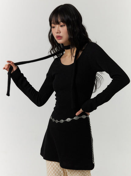 u-neck-slim-fit-mini-dress-with-scarf-cf407 / Black