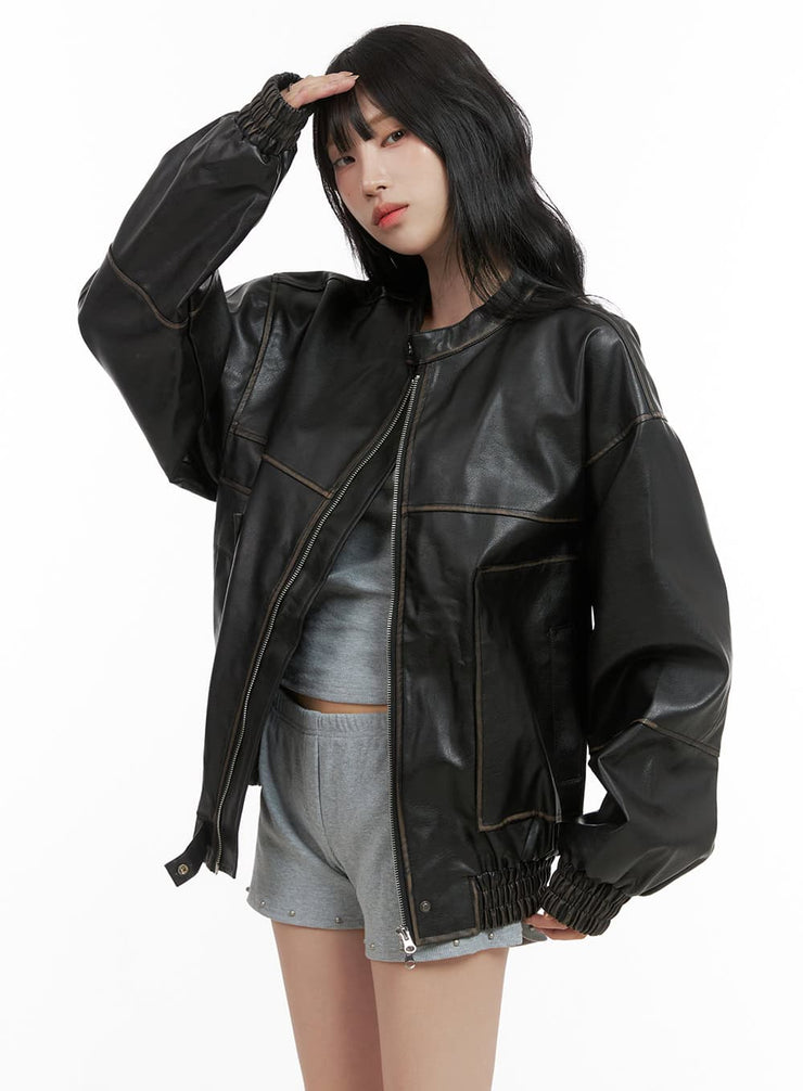 oversized-faux-leather-bomber-jacket-unisex-cg420 / Black