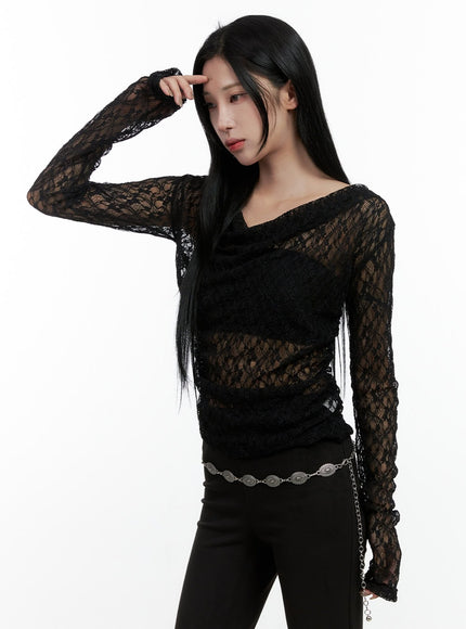 see-through-spandex-lace-long-sleeve-tee-cn408 / Black