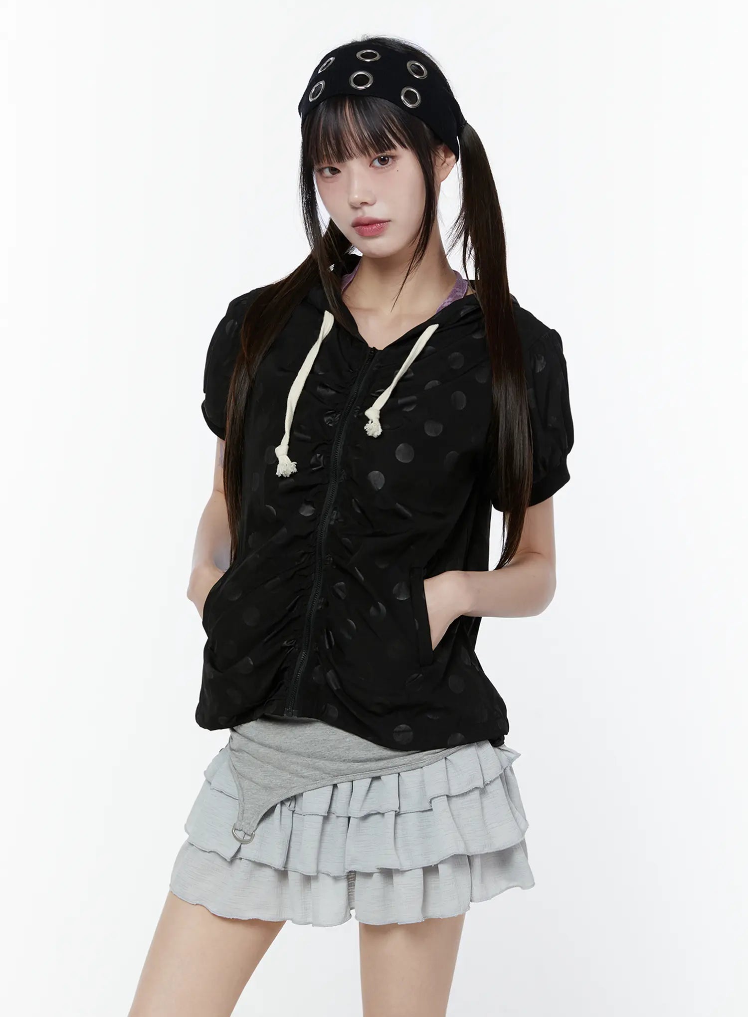polka-dot-short-sleeve-windbreaker-jacket-cu508 / Black