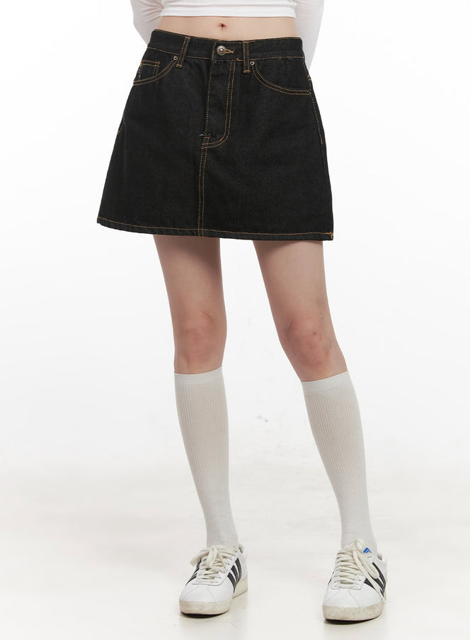 stitched-denim-mini-skirt-cj524 / Black