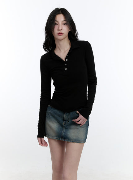 basic-slim-fit-collared-long-sleeve-top-cj521 / Black