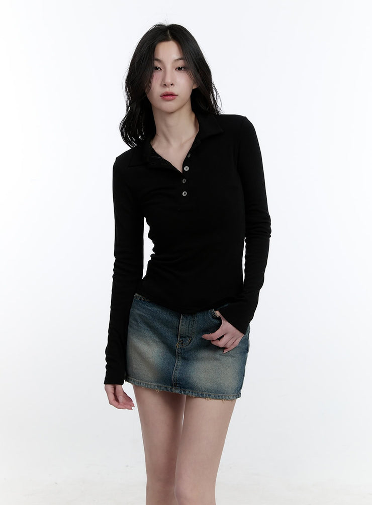 basic-slim-fit-collared-long-sleeve-top-cj521 / Black