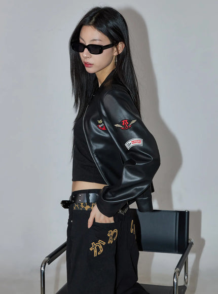 graphic-crop-leather-jacket-cc1109 / Black