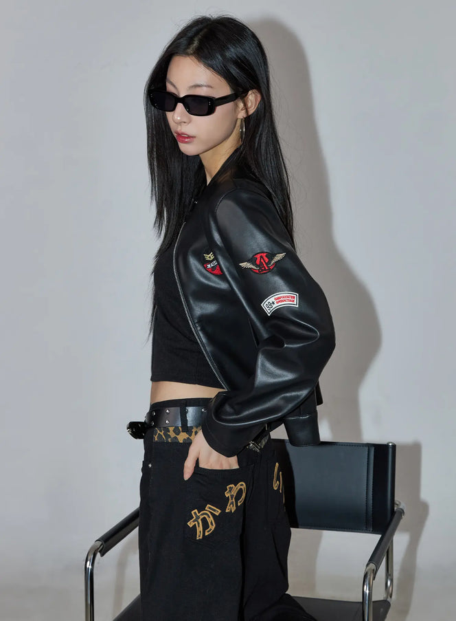 graphic-crop-leather-jacket-cc1109 / Black