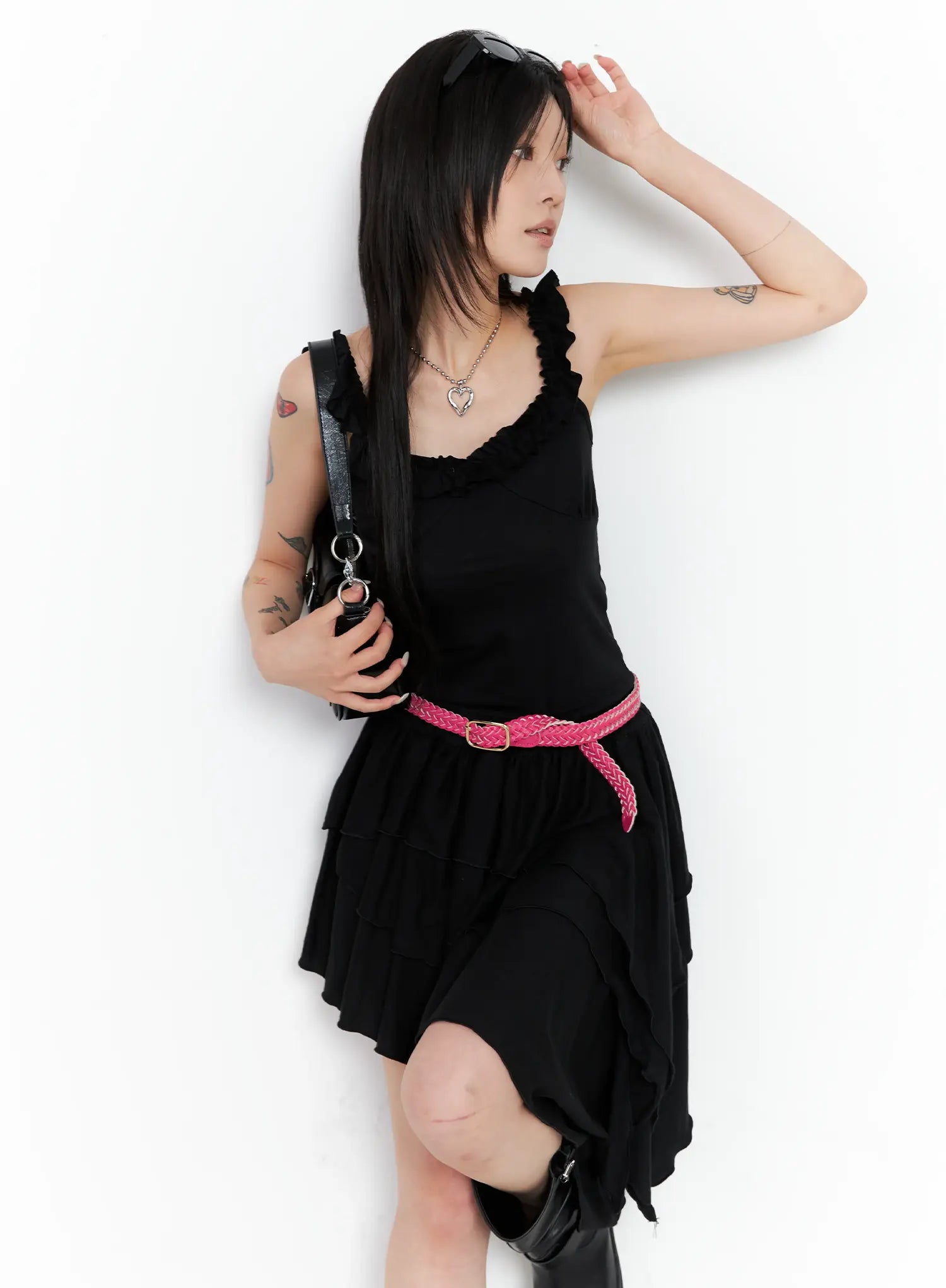 asymmetric-ruffle-dress-cl528 / Black