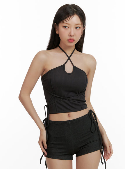 halter-strap-denim-tank-top-cu407 / Black