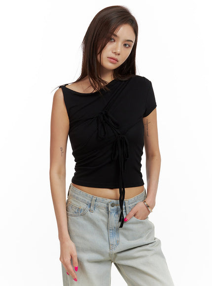 unbalanced-ribbon-twist-crop-top-cu417 / Black