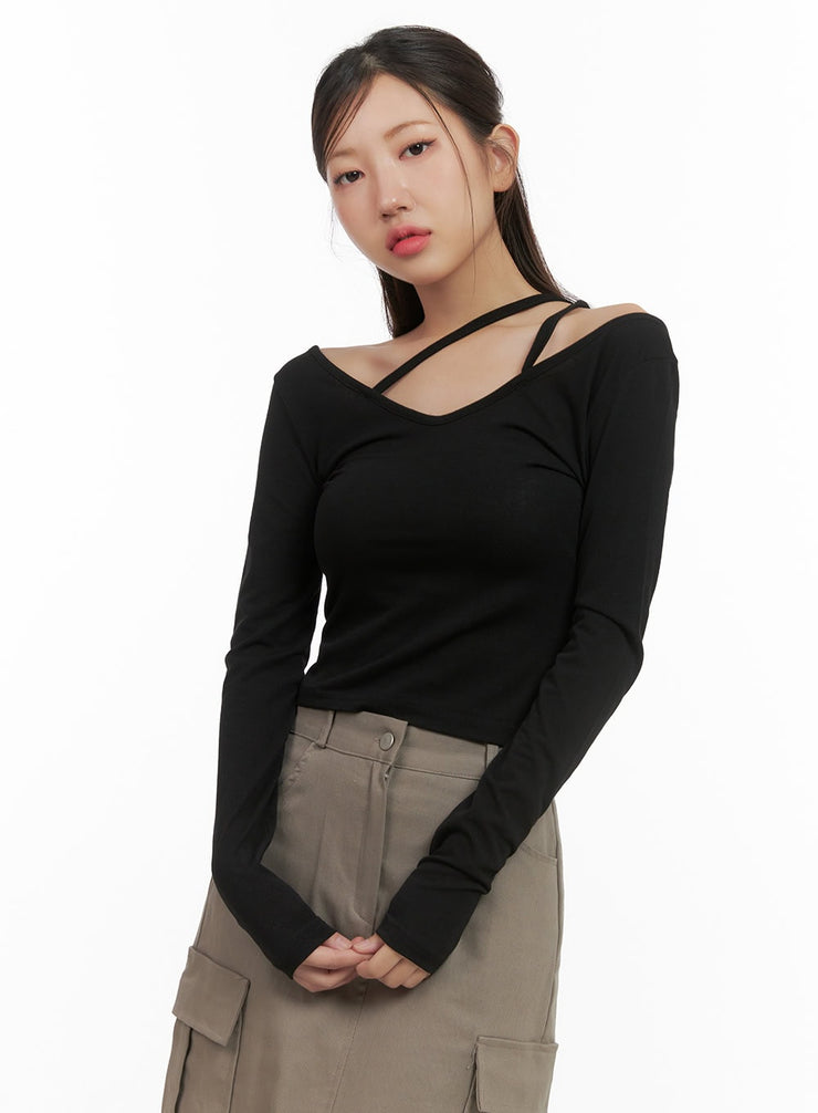 neck-string-detail-long-sleeve-cs404 / Black