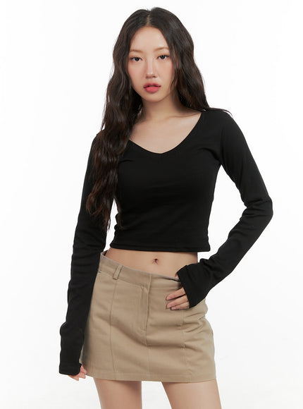 cotton-v-neck-crop-long-sleeve-top-cg422 / Black