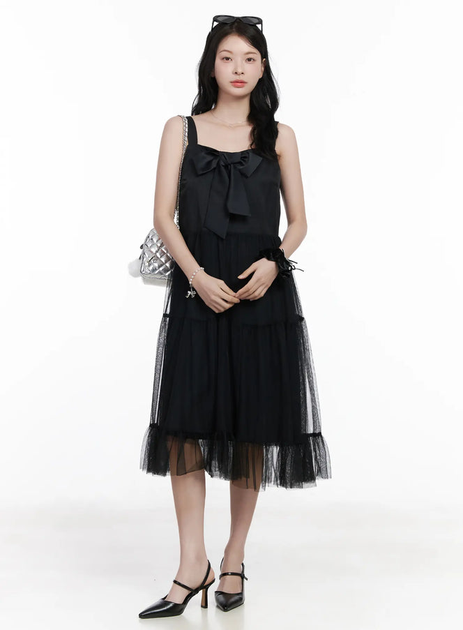 bow-tiered-tulle-midi-dress-ca509 / Black