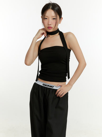 shirred-tube-top-with-thin-scarf-set-cu426 / Black