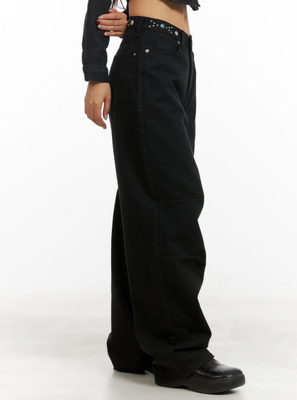 stud-waist-wide-leg-pants-cy403 / Black