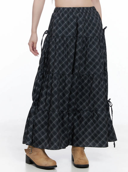 plaid-maxi-skirt-with-ribbon-details-cg529 / Black