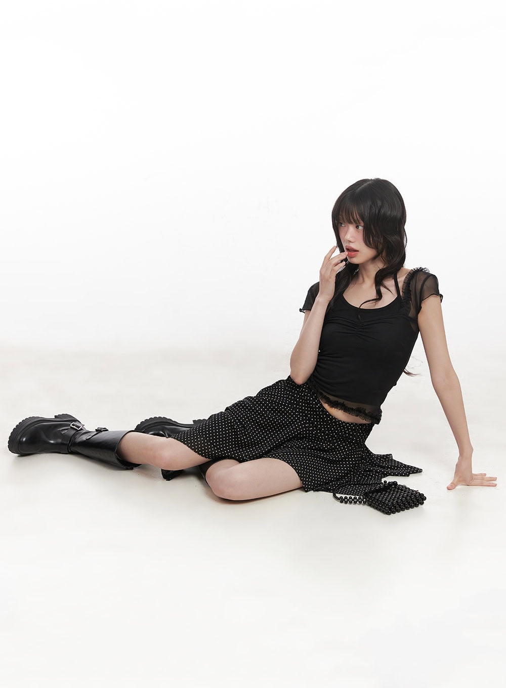 puff-sleeve-sheer-top-cy520 / Black