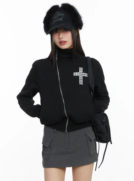 cross-stud-zip-up-jacket-cj501 / Black