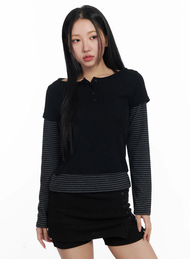 stripe-contrast-layered-long-sleeve-top-cj514 / Black