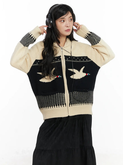 vintage-graphic-knit-zip-up-cardigan-cd502 / Black