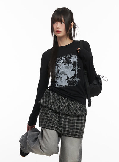 flower-graphic-long-sleeve-top-cf519 / Black