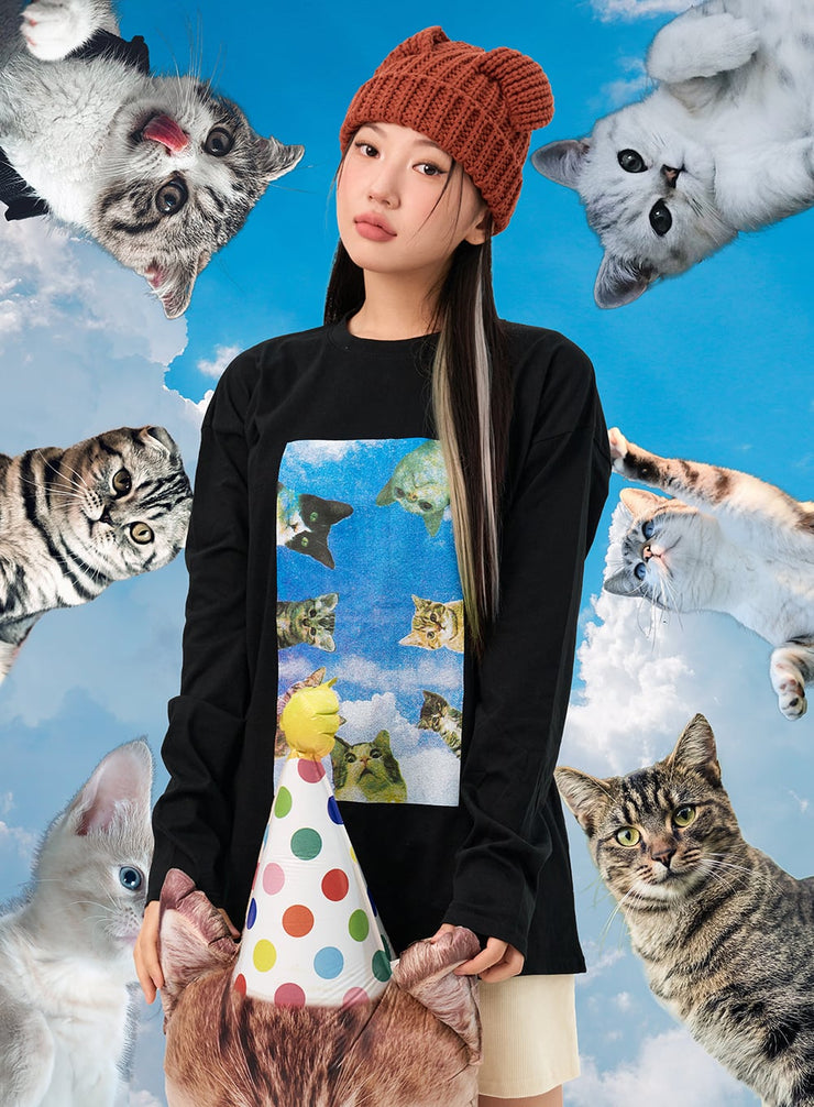 kitty-graphic-print-long-sleeve-top-io317 / Black