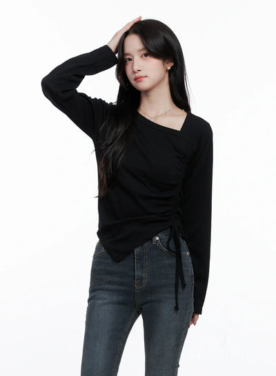 asymmetrical-neck-ruched-top-cs523 / Black