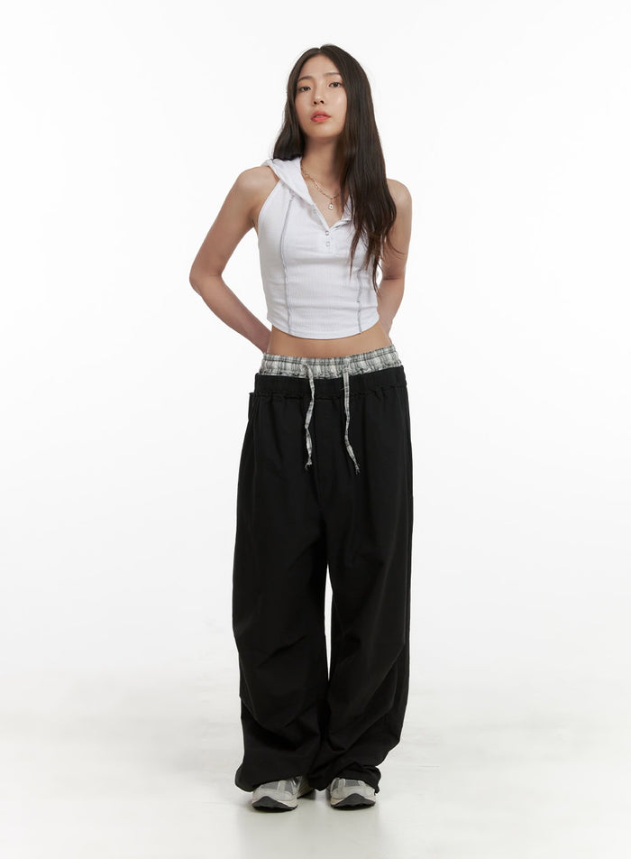 checked-shorts-layered-wide-leg-trousers-cy416 / Black