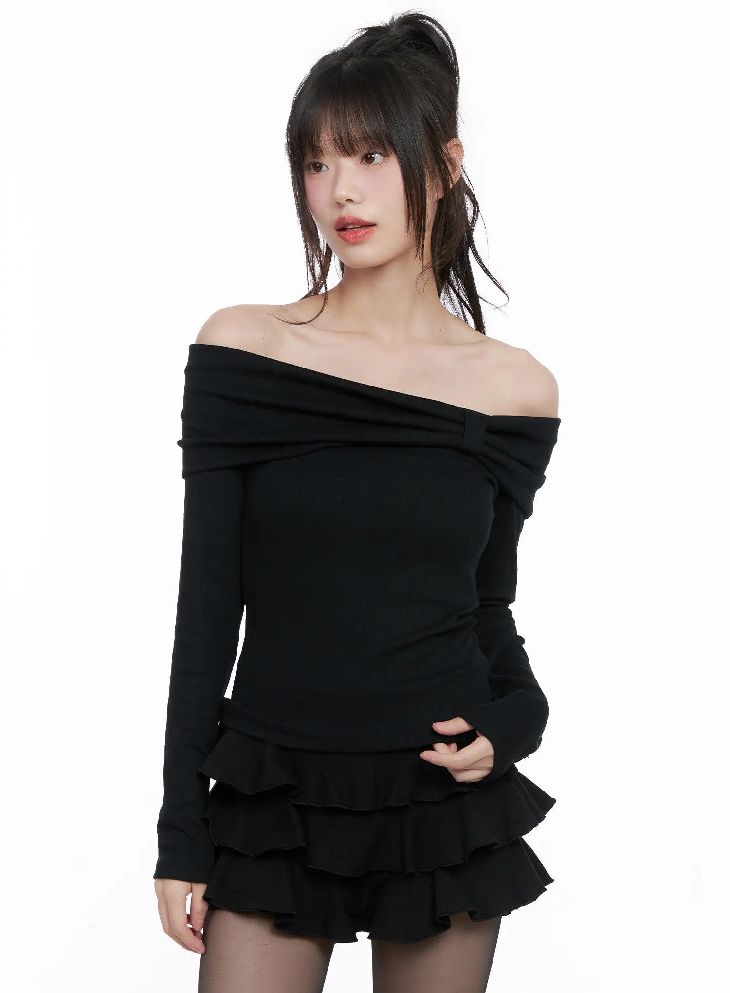 ribbed-off-shoulder-long-sleeve-top-cg518 / Black