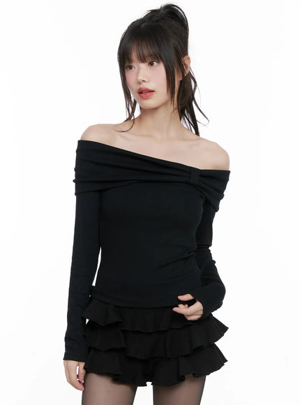 ribbed-off-shoulder-long-sleeve-top-cg518 / Black