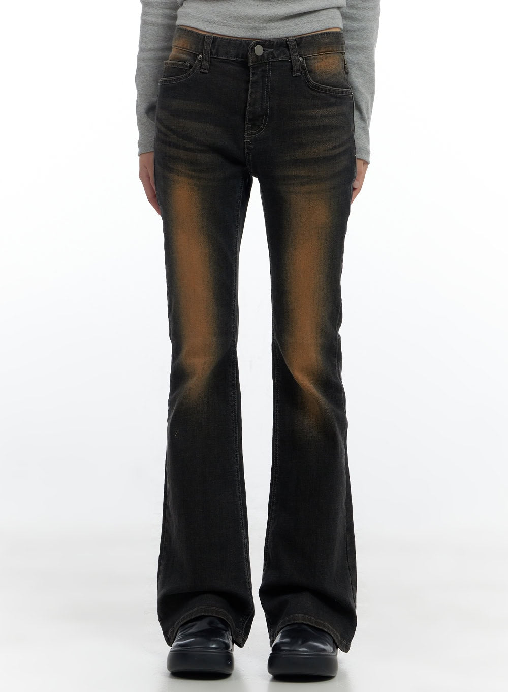 LEWKIN Harley Slim Washed Denim Bootcut Jeans CS420 in Blue, front cropped view on model, slim fit with amber-washed fading, low-rise waist, bootcut flare hem, paired with black shoes.