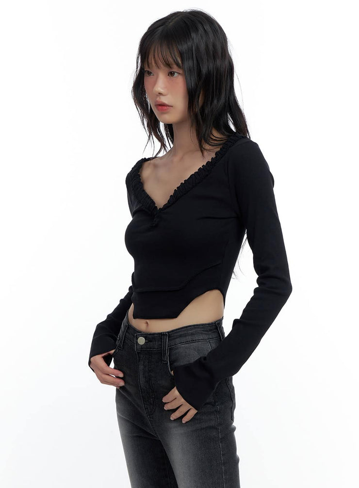 v-neck-ruffle-slim-fit-crop-top-cs420 / Black