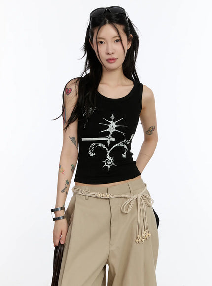 gothic-print-ribbed-tank-ca506 / Black