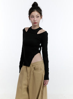 shoulder-cut-out-crop-top-cj521 / Black