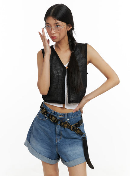 v-neck-buttoned-crop-linen-vest-ca423 / Black