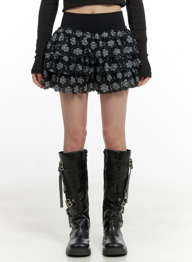 frill-lace-floral-mini-skirt-cg420 / Black