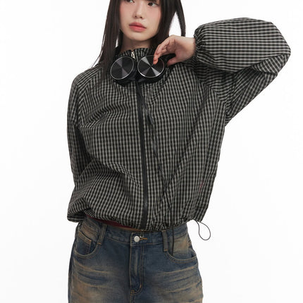 checkered-hooded-windbreaker-jacket-cf519 / Black