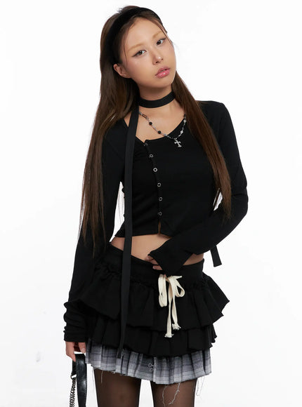 asymmetric-button-ribbed-crop-top-cs524 / Black