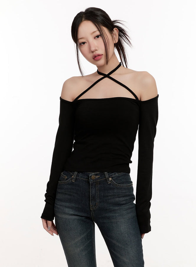 cross-strap-off-shoulder-top-cm507 / Black