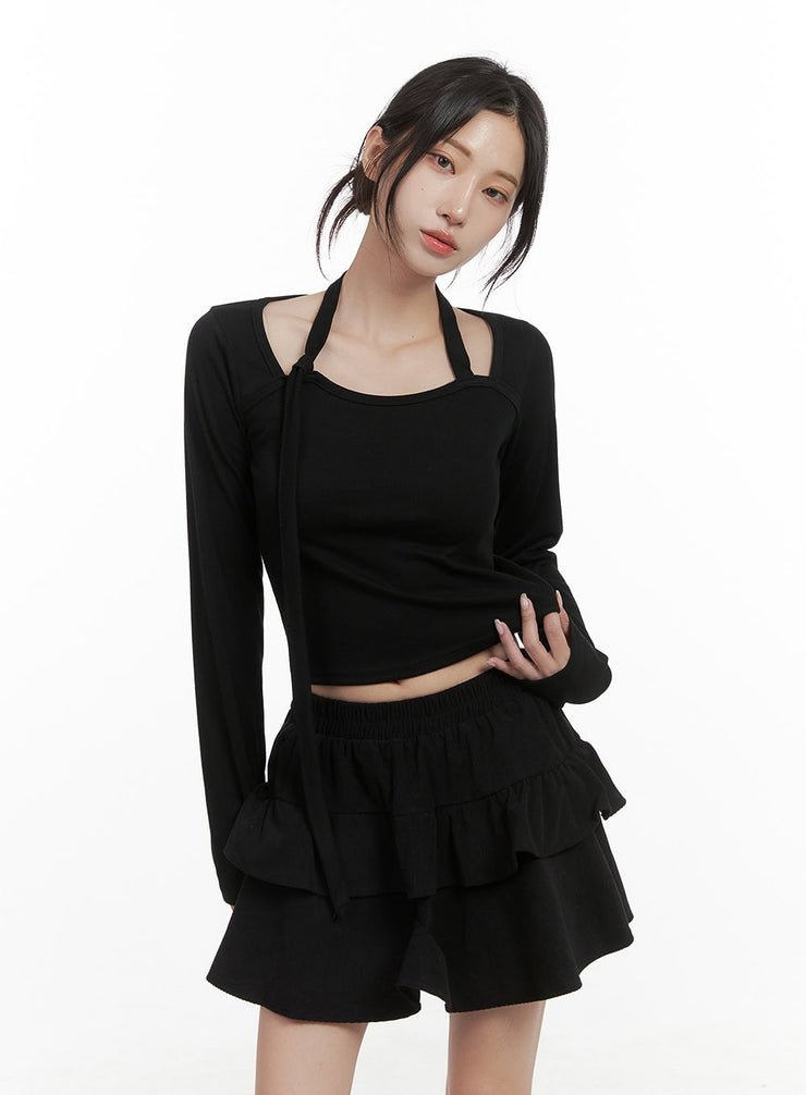 sleek-strap-slim-long-sleeve-crop-top-cs430 / Black