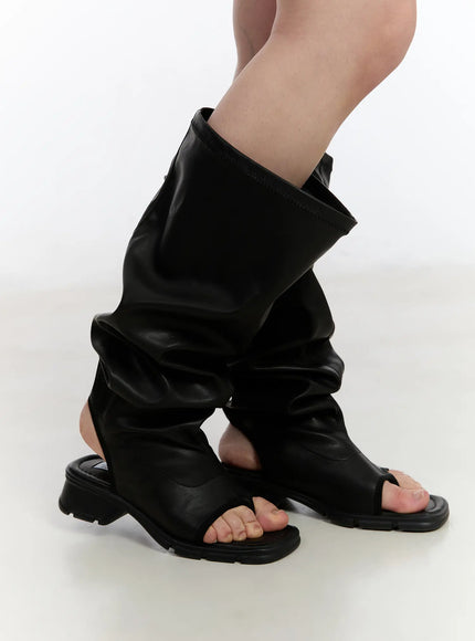 wrinkled-leather-peep-toe-long-boots-ca508 / Black