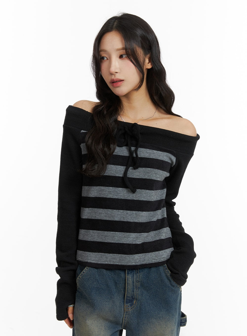 Off-Shoulder Striped Bowknot Top CJ417 - Acubi style | LEWKIN