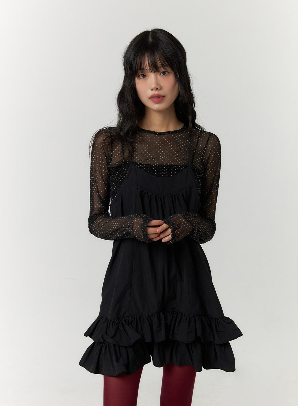 black dress with mesh polka dot sleeves Black Organza Sheer Dress: Avant Garde Cyberpunk Polka Dot Gown