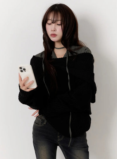 casual-asymmetrical-knit-hoodie-cn524 / Black